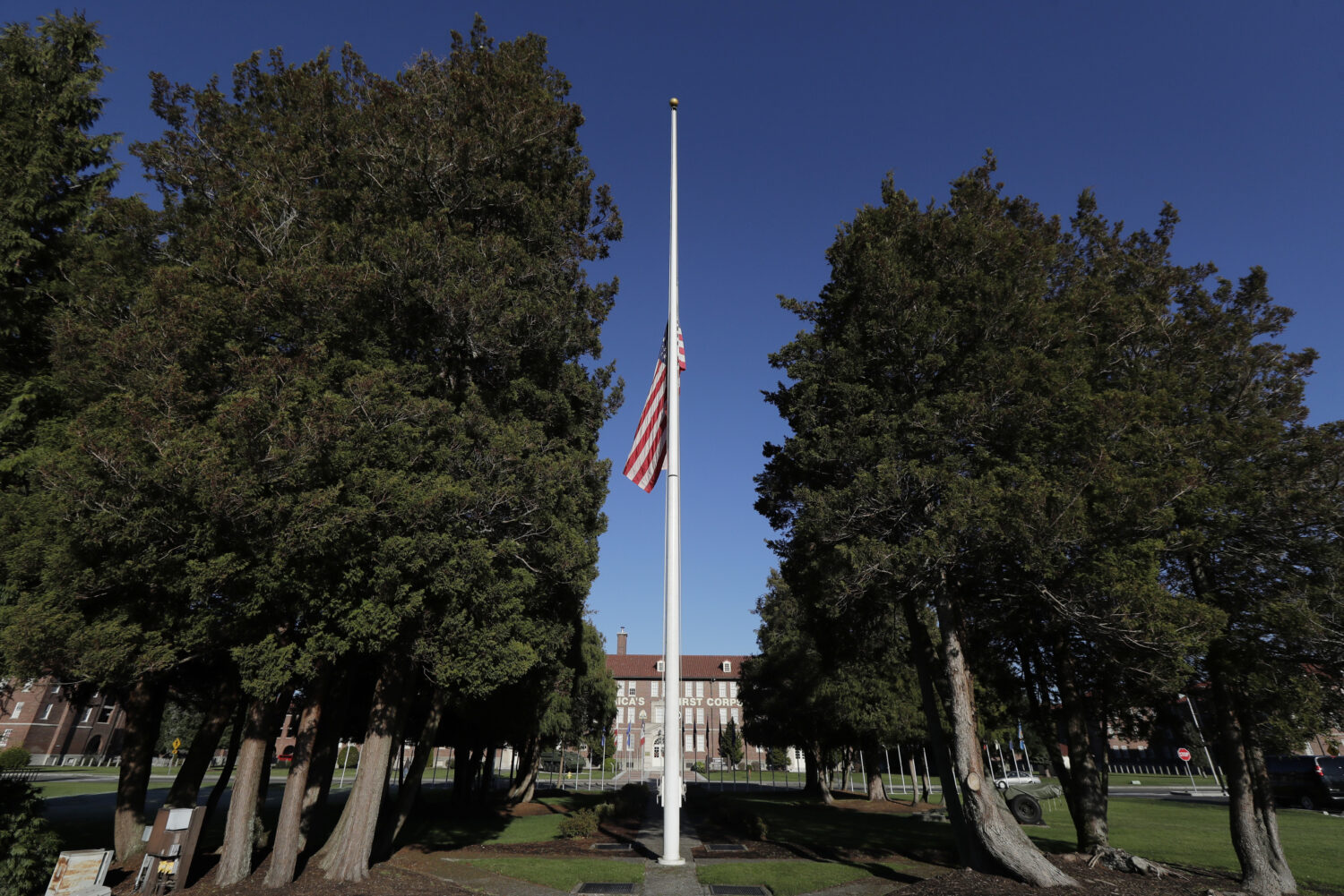 FILE - The main flag pole in front of the U.S. Army I Corps headquarters on Joint Base Lewis-McChor...
