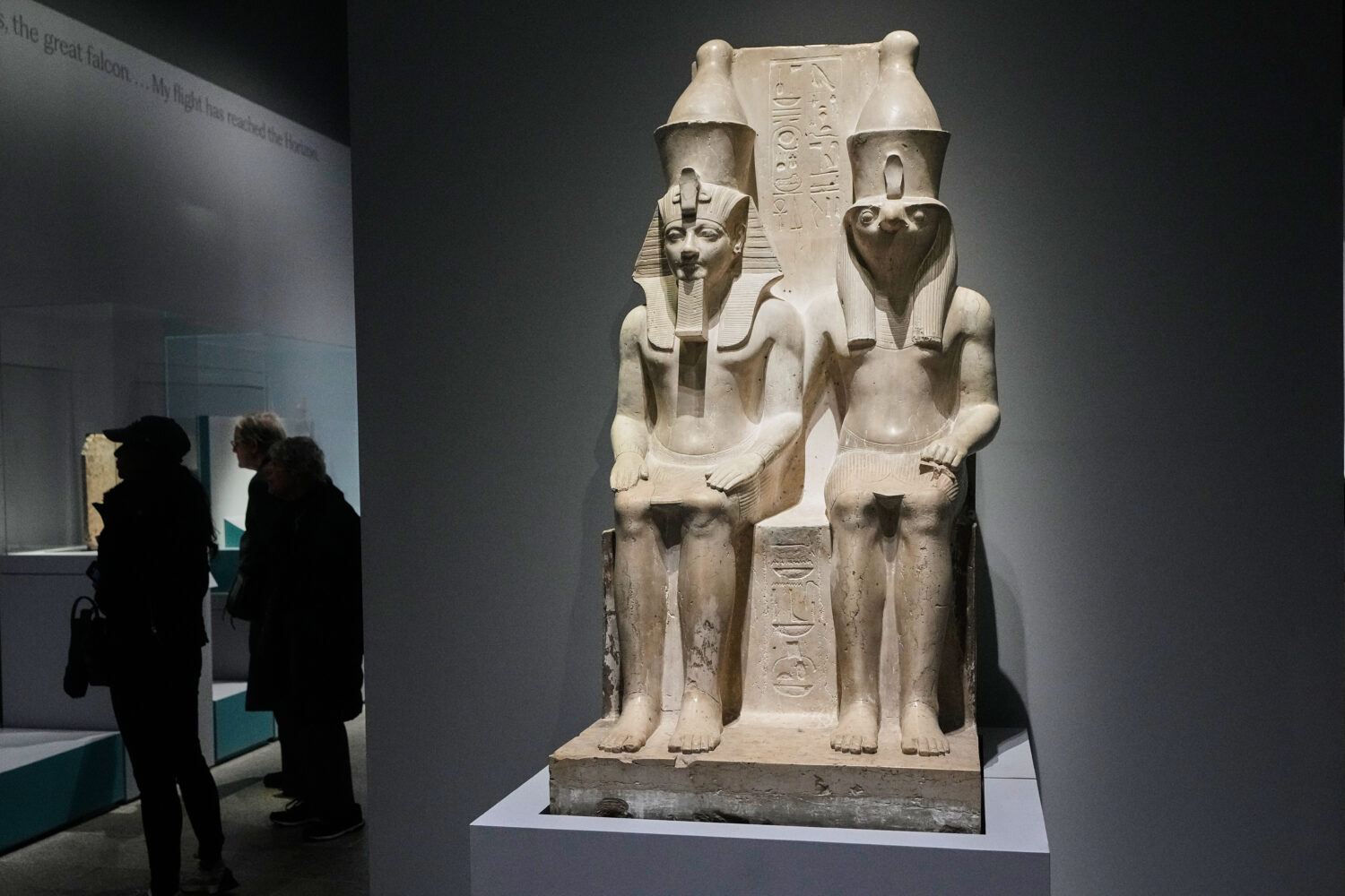 A double statue of King Haremhab and Horus is displayed in the Divine Egypt exhibition, at the Metr...