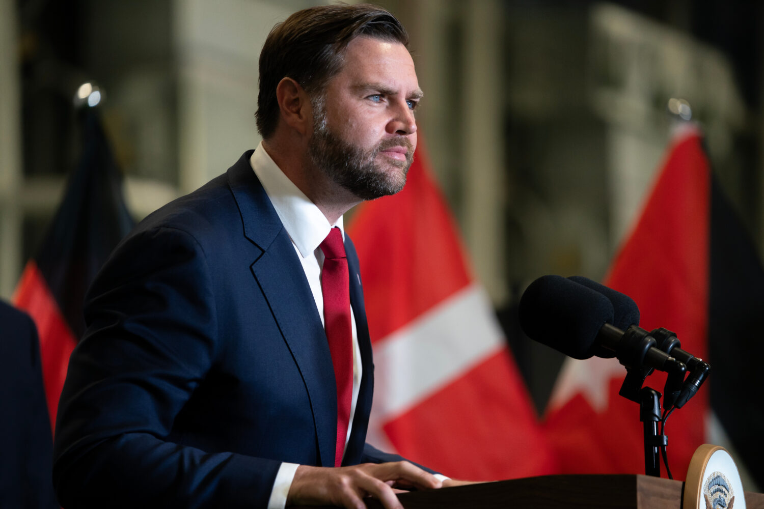 U.S. Vice President JD Vance speaks during a press conference following a military briefing at the ...