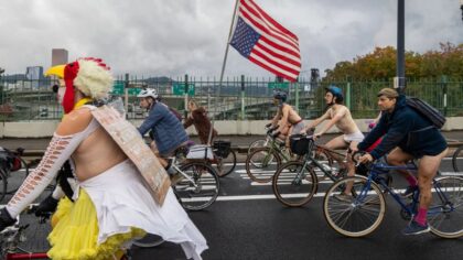 Naked bike riders demonstrate against federal troops in ‘quintessentially Portland’ protest