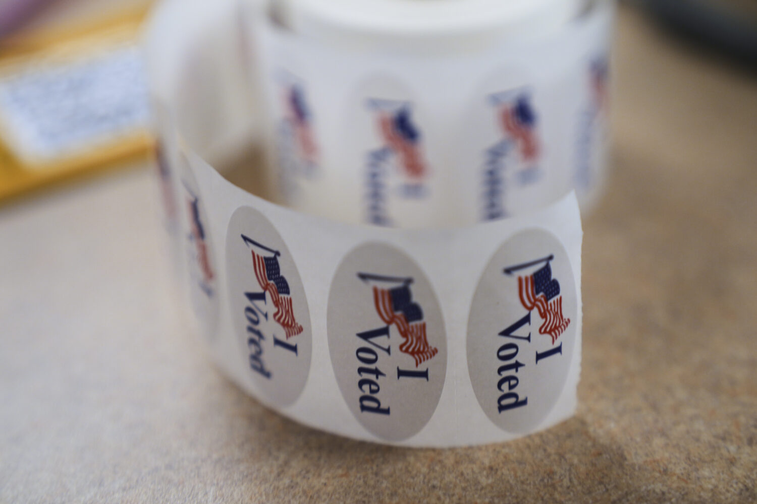 Labels reading "I Voted" are seen at the Orange County Registrar of Voters office in Santa Ana, Cal...